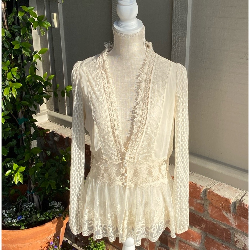 Lace-Trim Peplum Blouse in Cream